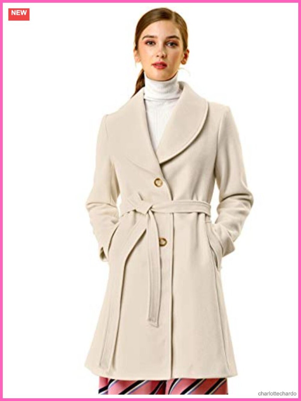 Women's Winter Pea Coat Shawl Collar Belted Long Overcoat 100% Polyester